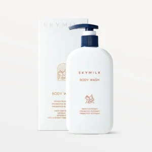 SKYMILK raminantis kūno prausiklis su asilės pienu, probiotikais, prebiotikais ir DKMEX® kompleksu, 300ml